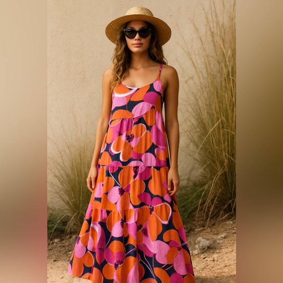 Mister Zimi Willow Dress in Loulida Print Navy Poppy Maxi Tiered Boho Summer - Picture 1 of 9